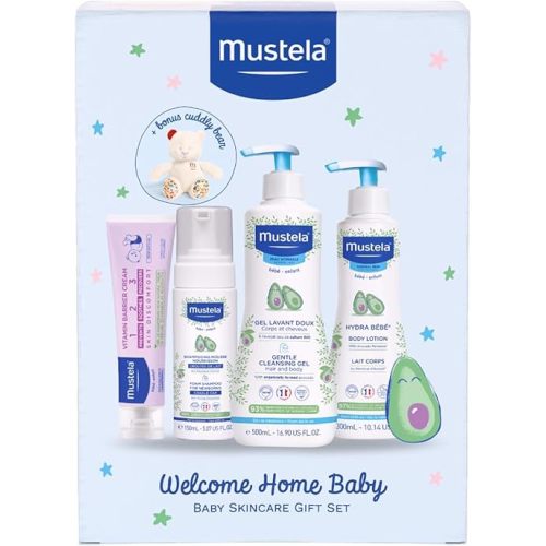 Mustela Welcome Home Baby Set for Normal Skin - 4pc | Gift Set - Hydra Bebe Body Lotion, Vitamin Barrier Cream, Gentle Cleansing Gel, Foam Shampoo | Tested by Dermatologists and Paediatricians