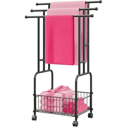 42.5" H Free Standing Towel Rack, 3-Tier Reinforced Alloy Metal Towel Racks for Bathroom with Wheels and Storage Basket, Large Size Pool Towel Rack Outdoor, Multi-Use Blanket Drying Stand