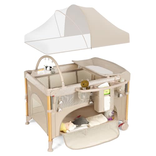 Baby Bassinet 5 in 1 Pack and Play,Baby Crib Adjustable Beside Sleeper One-Second &One-Hand Setup,Portable Playard Foldable Playpen for Newborn,Babies and Toddlers with Changing Table,Mattress (Beige)