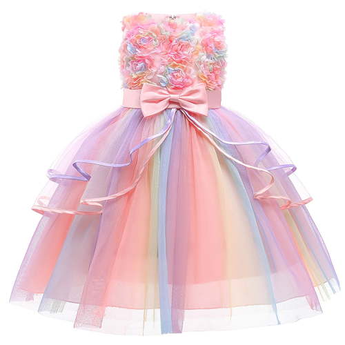 Odeerbi Toddler Girls Rainbow Tulle Princess Dress Bowknot Strapless Tiered Gowns New Pattern Mesh Gauze Evening Dress Formal Dresses Pink