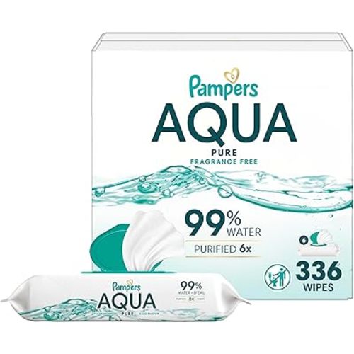 Pampers Aqua Pure Baby Wipes, 99% Water, Fragrance Free, 336 Baby Wipes Total (6X Flip-Top Packs) [Packaging May Vary]