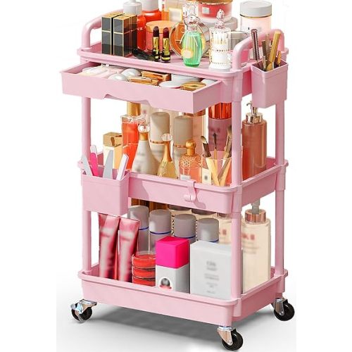 SUNALLY Makeup Cart Organizer with Drawers, Floor Skincare Organizers Vanity Storage Organizer, Rolling Makeup Bathroom Storage Cart Cosmetics Display Cases for Skin Care Perfume Nail Polish, Pink
