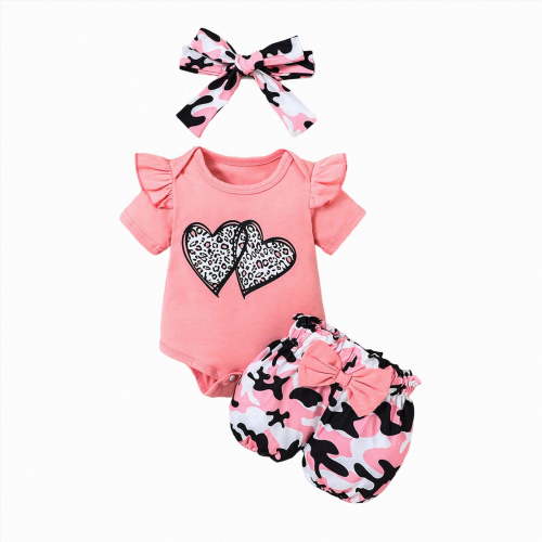 Leey-World Baby Girl Summer Clothes Letter Print Newborn Going Home Outfit Ruffle Ribbed Romper Tops Floral Shorts Set + Headband(Pink,6-9 Months)