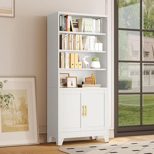 erosoei 71" H Tall Metal Bookcases and Bookshelves with 2 Doors and Adjustable Shelves,Tall Storage Cabinet Industrial Bookshelf 6-Tier Open Display Shelf,Decor Furniture for Living Room, Bedroom