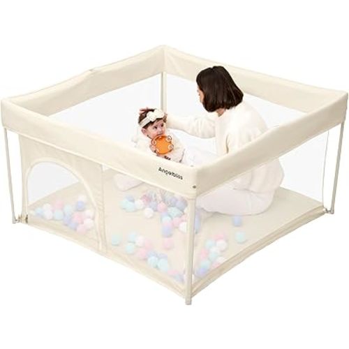 Foldable Baby Playpen 50"×50", Out-of-The-Box Ready Playpen for Babies and Toddlers, Portable Play Yard with Breathable Mesh & ASTM F406 Certified (Beige)