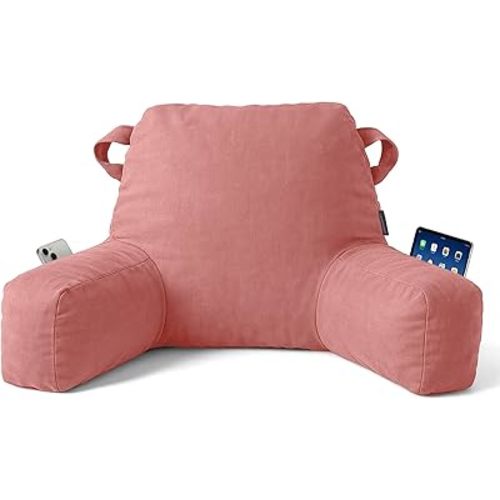 Portable Comfy Reading Pillows for Bed Sitting Up(Dark Pink Oeko-Tex), Velvet Back Pillow with Arms & Pockets for Adults, Support Memory Foam Bed Pillow for Dorm/Reading/Watching/Gaming