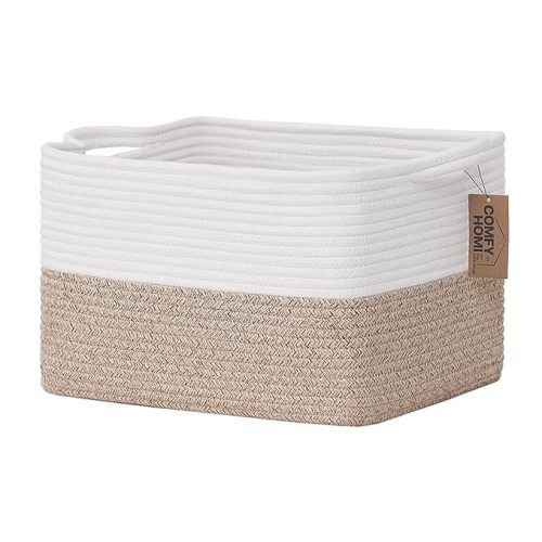 Cotton Rope Woven Basket with Handles for Shelves,Toys,Book, Cloth Storage Baskets Bin for Organizing- 1 PCSToy Decorative Organizer for Living Room, Bathroom