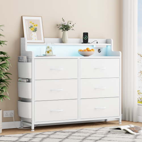 GIKPAL White Dresser for Bedroom 6 Drawers - Fabric Dressers for Bedroom with LED Light & Charging Station - Chest of Drawers for Living Room Hallway Closet,White