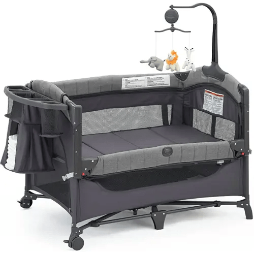 Baby Bedside Bassinet Sleeper,5-in-1 Pack and Play with Full-Size Bassinet,Baby Playard with Changing Table,Storage Shelf,Music Mobile with Soft Toys for Newborn to Toddlers (Grey)