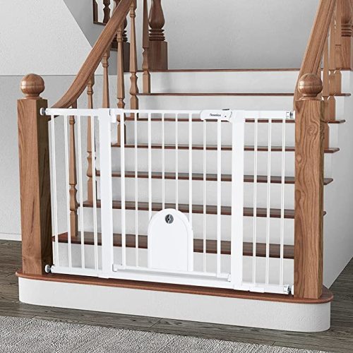 Newnice 29.7-51.5" Extra Wide Baby Gate with Small Cat Door, Auto Close & Easy Walk Thru Dog Pet Gates for Stairs, Doorway, House, Pressure Mounted Safety Child Gate Includes 4 Wall Cups