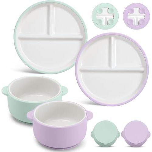4 Pcs Porcelain Kid Suction Plate and Bowl Set,Teal Green,Purple