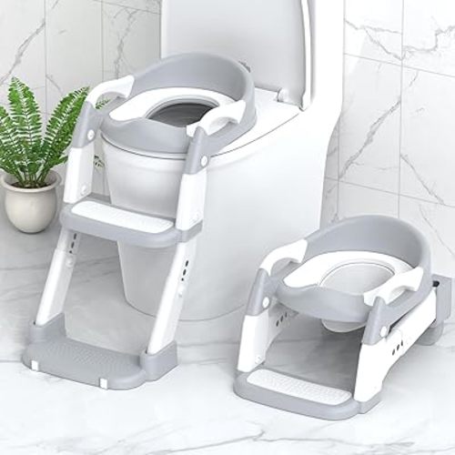 Potty Training Seat, Toddler Potty Training Toilet with Step Stool Ladder for Kids Boys Girls, 3 in 1 Foldable Toilet Seat Potty Chair with Urinals, Splash Guard, Handles, Anti-Slip Pad,Grey
