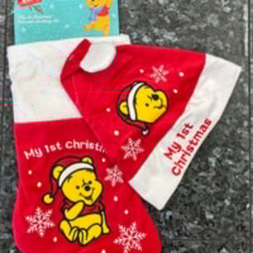 New Winnie the Pooh baby’s first Christmas stocking & hat set My First Christmas