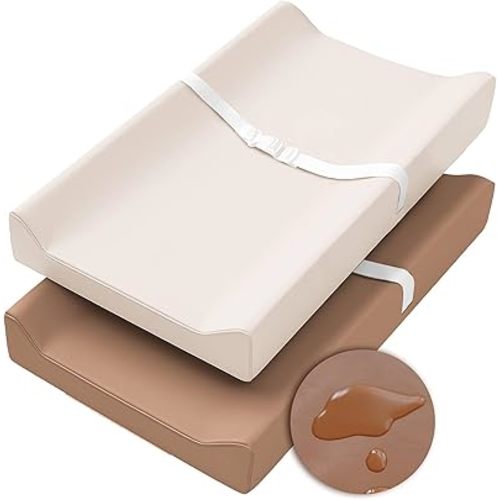 Konssy Vegan Leather Changing Pad Cover for Baby Girls Boys, 2 Pack Waterproof & Wipe-Clean Diaper Chang Table Covers, Soft Changing Pad Sheets (Brown,Beige)