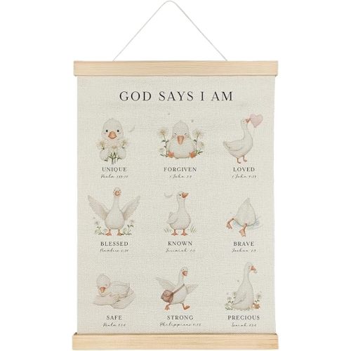 ATBWGT Inspirational Christian Goose Nursery Wall Art Decor, God Says I Am Inspirational Bible Verse Goose Religious Poster Hanger Frame for Kids Girls Room Nursery Playroom, 12x16 Inch