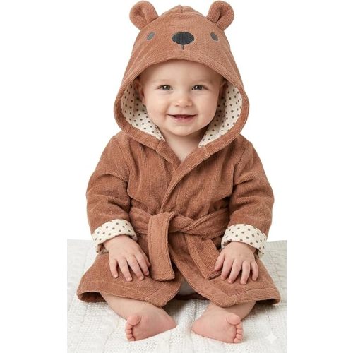 Baby Essentials Unisex Baby Plush Animal Face Bathrobe Hooded with Tie Closure for Newborns and Infants 0-9 Months