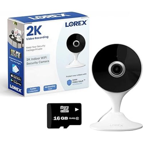 Lorex 2K Indoor WiFi Security Camera for Home, Pet Cam, Baby Cam - Mobile App, IR Night Vision, Person Detection & 2 Way Talk - Free 16GB Micro SD
