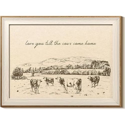 InSimSea Framed Canvas Wall Art Vintage Farmhouse Cows and Hills Sketch Wall Decor Rustic Art Prints Home Decoration for Living Room Bedroom Home Office 16×12in