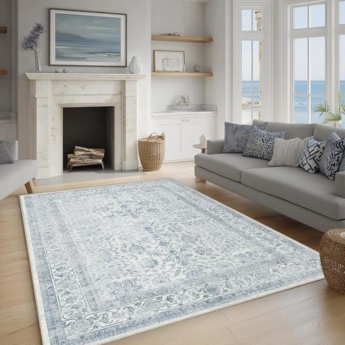 FMFUNCTEX 5x7 Washable Area Rug Blue Neutral Vintage Non Slip Low Pile Traditional Indoor Carpet for Living Room Bedroom Soft Retro Floral Mat Throw Rug for Dining Office Kitchen Dorm Entryway