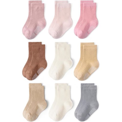 Toddler Non Slip Cotton Crew Socks with Anti-slip Dots for Infant Baby Boys Girls