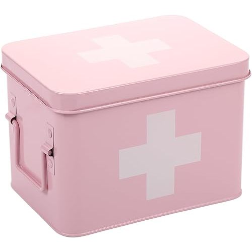 Lassos Boutique Retro Enameled First Aid Box for Medicine Storage and Home Decor with Lid and Removable Tray (Pink/White)