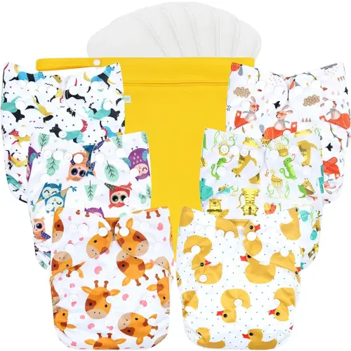 wegreeco Cloth Diapers 6 Pack with 6 Inserts & 1 Wet Bag, Washable Cloth Diapers for Babies, One Size Adjustable Reusable (Bright Animals)