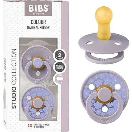 BIBS Pacifiers - Studio 2 Pack | Round Nipple Baby Pacifier | BPA Free Natural Rubber Latex Soother | Made in Denmark | Size 6+ Months | Jasmine Fossil Grey