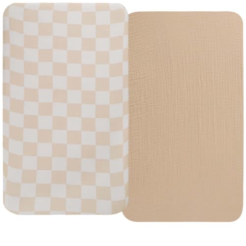 Onacosht Muslin Bassinet Sheets 2 Pack, 35"x20", Checker and Oatmeal | Compatible with AMKE 3-in-1, MiClassic, YADAQE, Milliard, TCBunny Bassinet, Breathable, Soft, Baby-friendly
