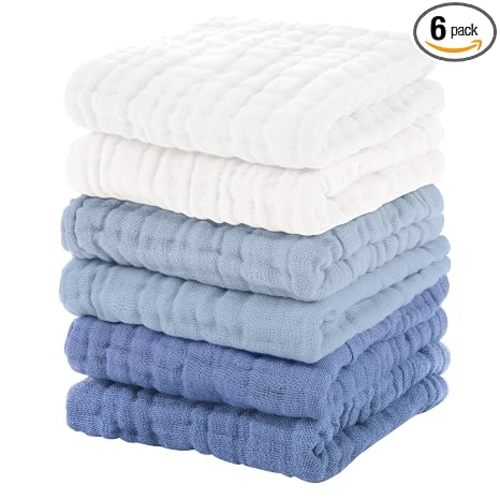 Unnivoll Muslin Burp Cloths Baby 12''X12'', Baby Washcloths 6 Pack, 100% Cotton Baby Wash Cloths Absorbent and Soft for Newborn Infants Kids Boys Girls - Gradient Blue