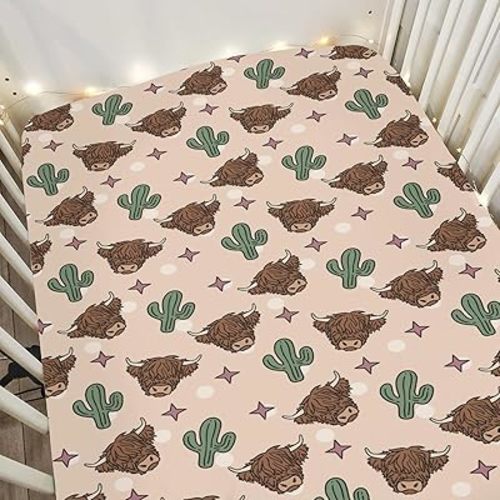 Western Highland Cows Baby Crib Sheets for Boy Girl 52x28Inch Boho Cows Cactus Stars Soft Snug Fitted Crib Mattress Covers Country Farm Animals Baby Sheet for Standard Crib & Toddler Bed Mattress