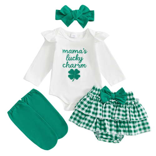BOBOGOJP Newborn Baby Girl St. Patrick's Day Outfits Cute Letter Romper Ruffle Plaid Skirt Dress Infant St. Patrick's Day Outfit Clothes Set Green for Size 6-12 Months