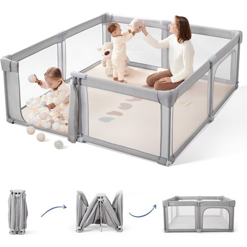 Sweeby Baby Playpen, 79x71 Inch Gate Foldable for Babies and Toddlers, Extra Large with Door Play Yard for Fence Indoor and Outdoor, Gray