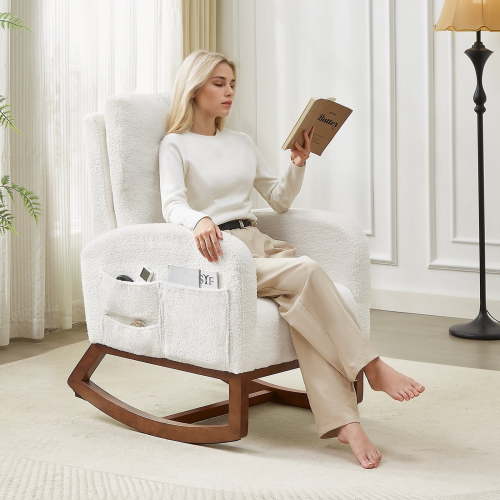Solid Wood Rocking Nursery Glider - Plush Teddy Fabric, High Back Nursing Chair (White)