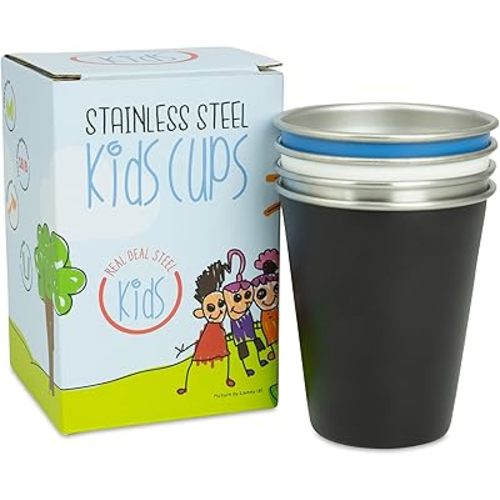 Stainless Steel Kids Cups - Set of 4 - Metal Cups for Children and Toddlers, Premium 10 oz Drinking Glasses in Fun Colors, BPA Free, Unbreakable (Assorted 1)