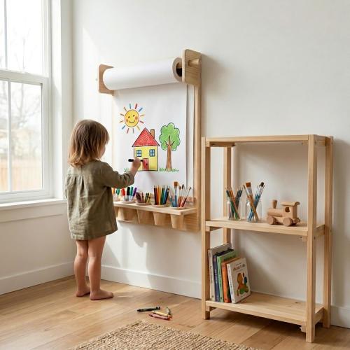 Montessori Art Station, Kids Drawing Board and Storage Shelf Set
