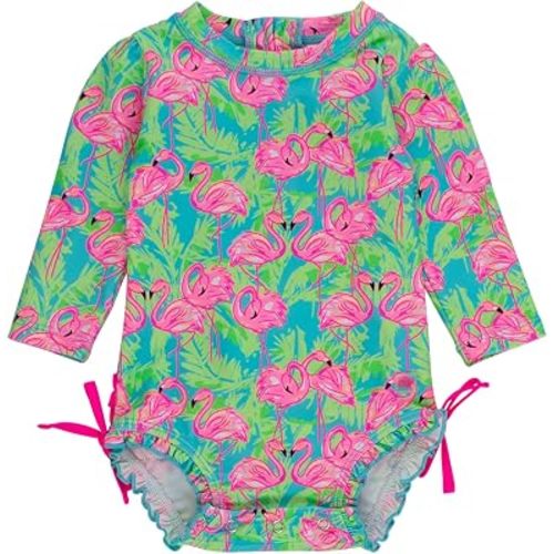 RuffleButts Baby Girls Novelty Baby One Piece - Rash Guard Swimsuit UPF 50+