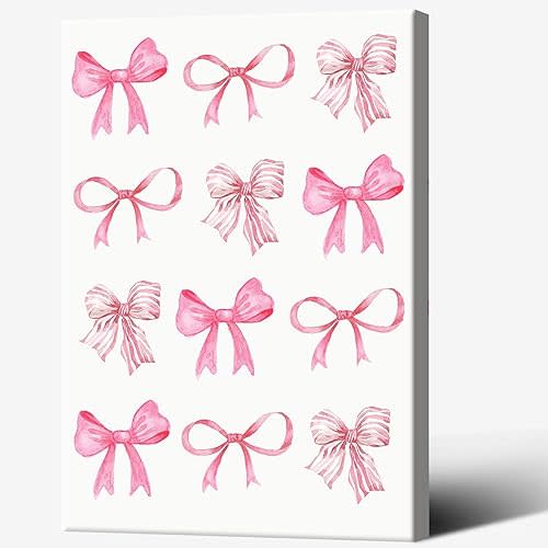 Pnsoien Trendy Pink Bow Posters Watercolor Light Pink Bow Prints Painting Balletcore Girl Canvas Wall Art Funky Coquette Preppy Aesthetic Wall Decor For Bedroom Living Room 12x16in Framed