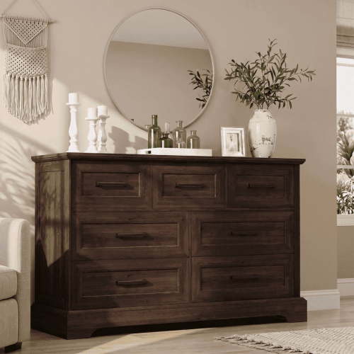 Homall Wooden 7 Drawer Dresser for Bedroom, Modern Chest of Drawers, Storage Cabinet Organizer with Metal Handles for Bedroom, Living Room and Closet, Brown