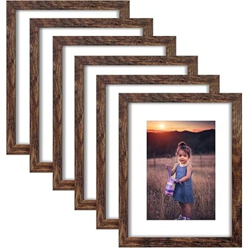 8x10 Picture Frame Rustic Brown Wood Set of 6,Display Pictures 5x7 with Mat or 8x10 Without Mat,Multi Photo Frames Collage for Wall or Tabletop Display