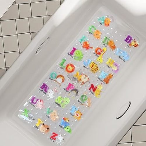Bath Mat for Tub Non Slip, Machine Washable Anti Slip Cartoon Baby Bathtub Shower Mat with Drain Holes and Suction Cups for Toddler & Kids, 40 Inch x 16 Inch-Rectangular, 26 Alphabet