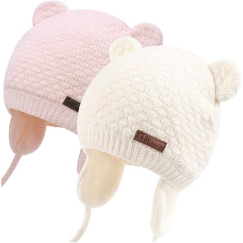 Duoyeree Kids Baby Hat Soft Warm Cable Knit Beanie Toddler Girl Fall Winter Hats (White and Pink, 0-6 Months)