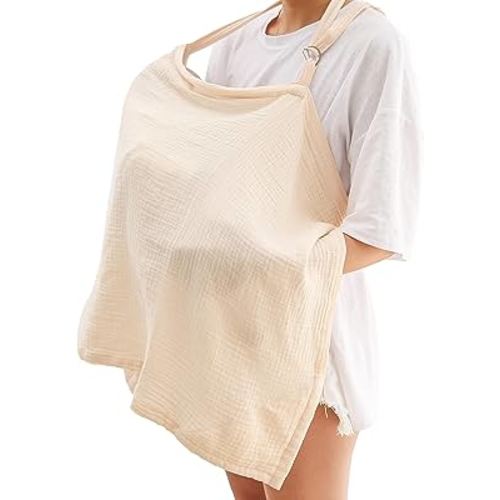 Muslin Nursing Covers for Baby Breastfeeding, Soft Cotton Breastfeeding Cover for Mom Breathable, Privacy Nursing Covers Up with Wire Hoop, Adjustable Nursing Apron Multi-use Carseat Canopy (Beige)
