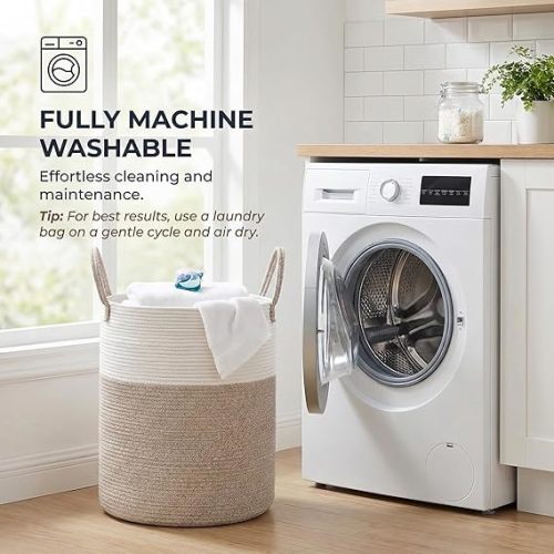 JMvicyroam Large Woven Laundry Basket Hamper,60L Cotton Rope Storage Bin for Blankets,Toys and Clothes,Decorative Tall Nursery Hamper for Living Room,Baby Nursery,Bathroom and Bedroom,Brown