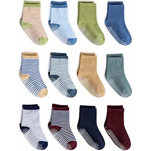 ZAPLES Baby Non Slip Grip Crew Socks with Anti Skid Soles for Infants Toddlers Kids Boys Girls