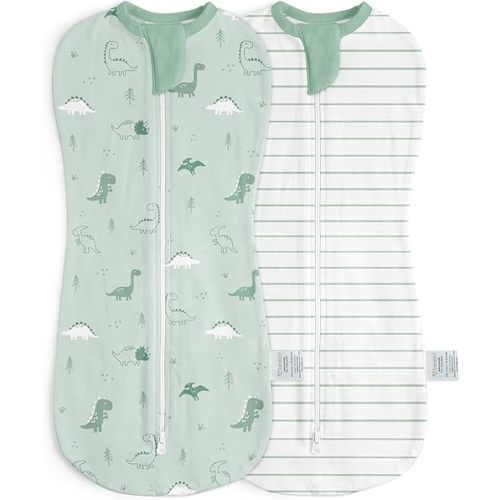 Baby Swaddle 0-2 Months, Cotton Arm-In Zipper Sleep Sack, Wearable Blankets Wrap for Newborn Infant Boys (Dinosaur, Stripe, Pack of 2)