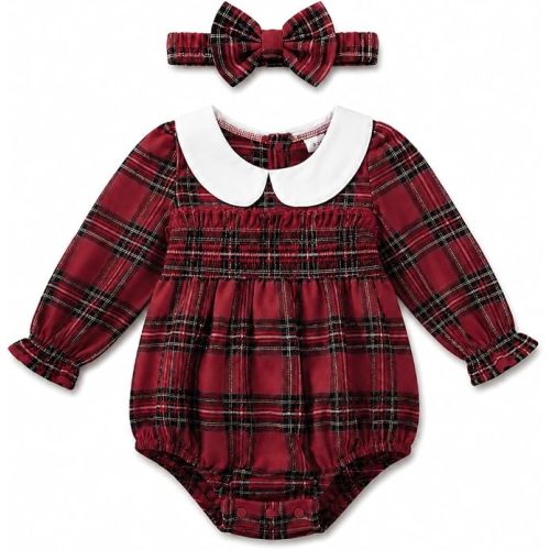 Renotemy Baby Girl Clothes Smocked Bubble Romper with Headband Peter Pan Collar Infant Fall Winter Outfit for Preemie Newborn