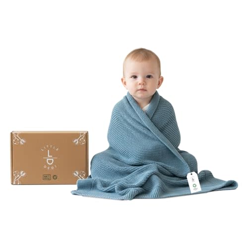 100% Organic Cotton Baby Knitted Blanket with Gift Box - Soft Toddler, Crib, Stroller Blanket - Neutral Swaddle and Receiving Blanket for Newborns, 30"x40", Smoke Blue