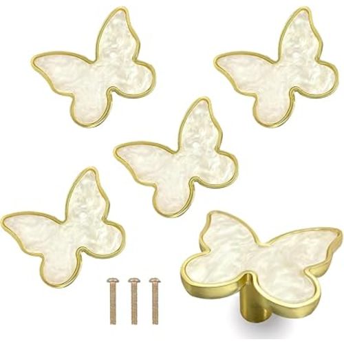 6 pcs Butterfly Shape Knobs Handle Gold Cabinet Knobs Decoration Door Handle Single Hole Handles Cabinet Drawer Dresser Kitchen Wardrobe Furniture Hardware Pulls (White)