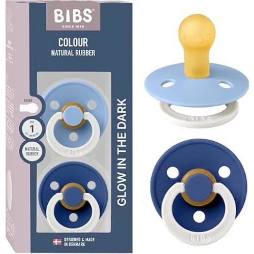 BIBS Colour Glow Pacifier, 0-6 Months, 2-Pack, Round, Sky Blue/Cornflower
