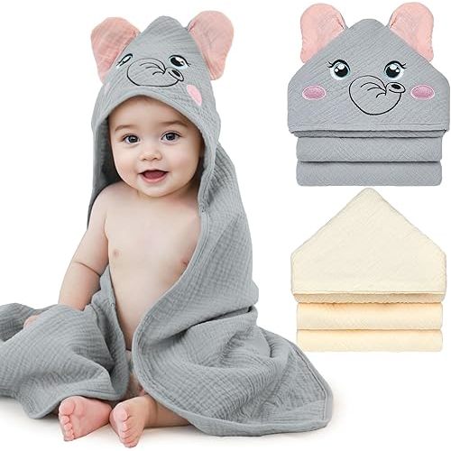 Unicorn Castle Hooded Baby Towels 2Pack 100% Muslin Baby Bath Towels for Newborn Animal Design Ultra-Soft Baby Girl Boy Bath Essentials 30 X 30 Inch,Gray Elephant- Beige